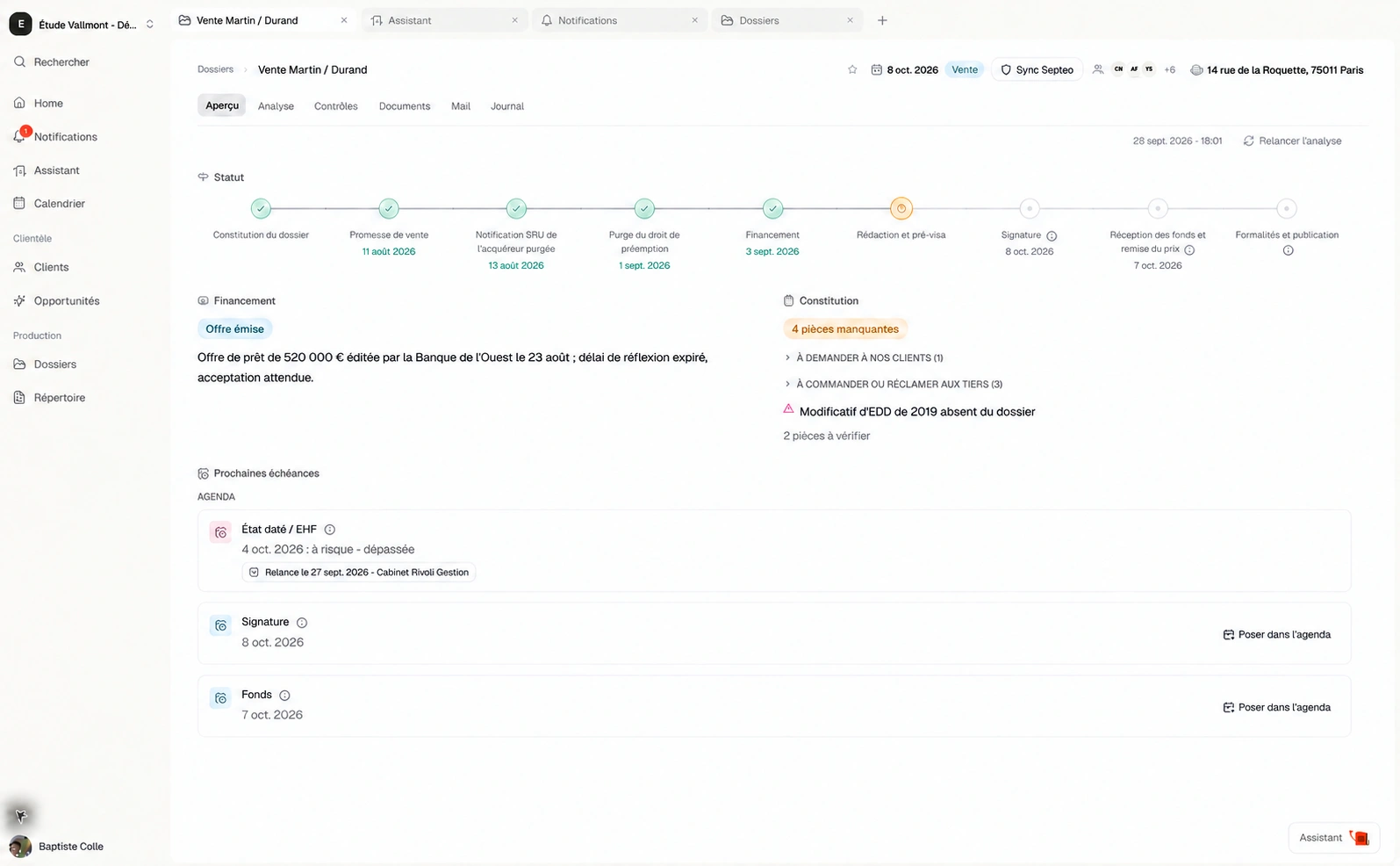 L’application Mibba dans l’Étude Vallmont : Aperçu du dossier Vente Martin / Durand, étapes, financement et prochaines échéances.